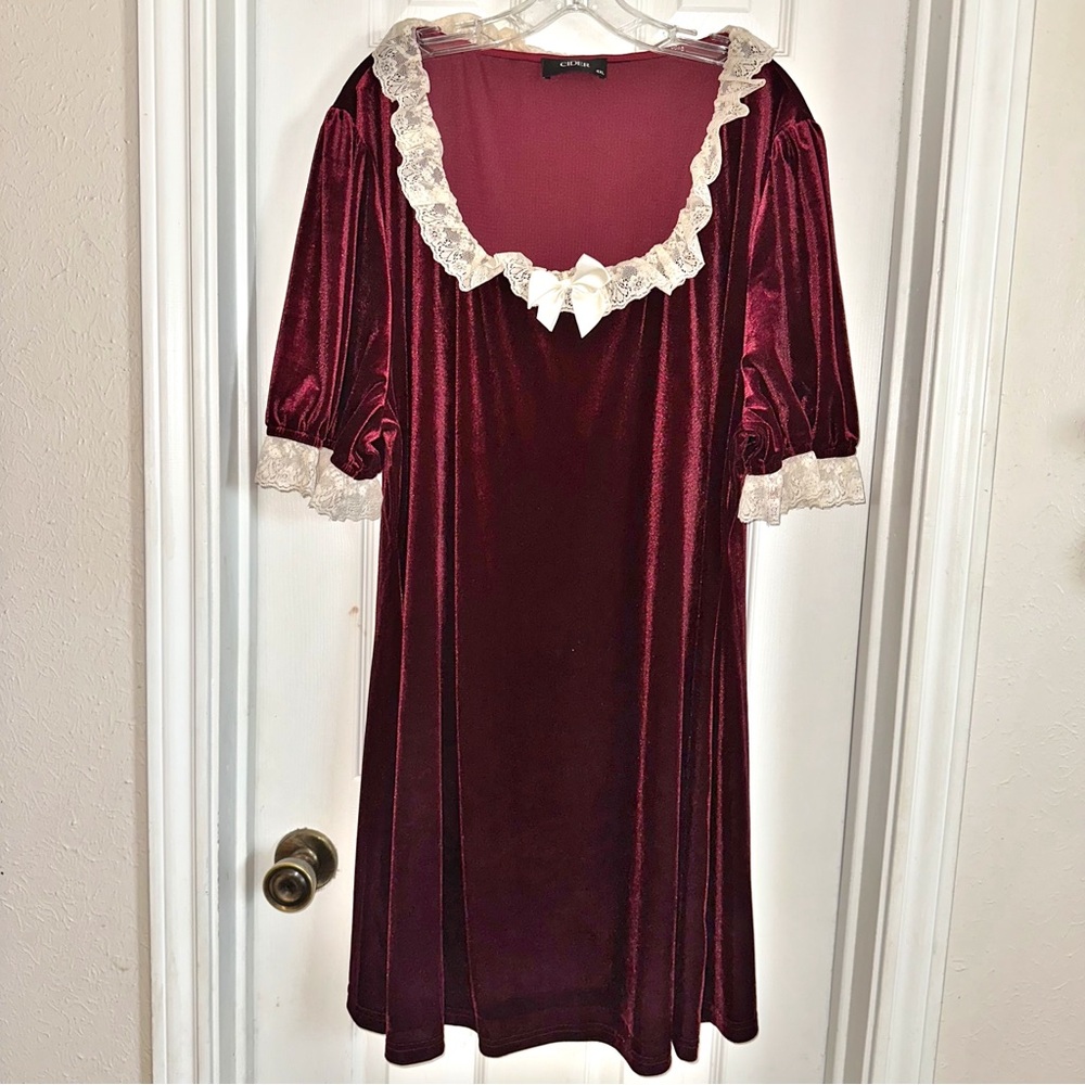 Cider Burgundy Velvet Lace Trim Dress Size 4XL Steampunk Victorian Goth Grunge